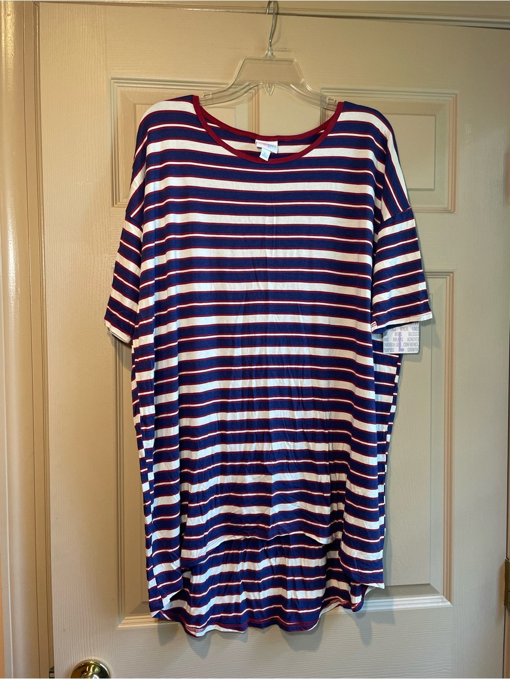 LuLaRoe Women’s Irma Navy, White & Red Striped Crewneck Hi-Low Tunic NWT Size L